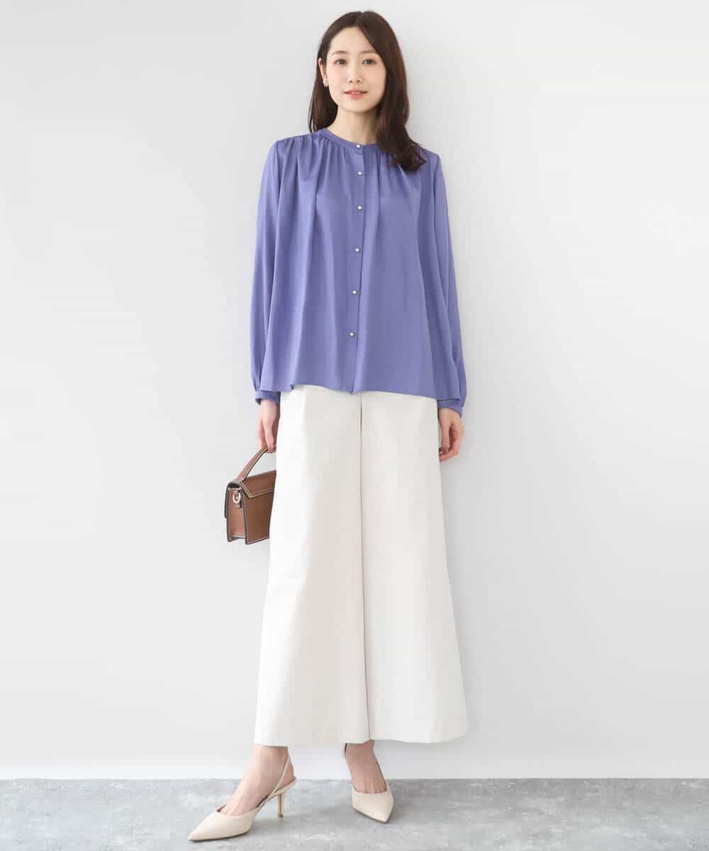 FKBGD35140 MK MICHEL KLEIN(MK ミッシェルクラン) [瞬美シリーズ/UVカット/接触冷感/洗える]バンドカラーサテンブラウス ベージュ
