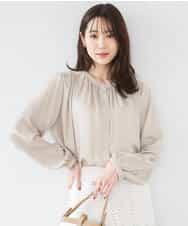 FKBGD35140 MK MICHEL KLEIN(MK ミッシェルクラン) [瞬美シリーズ/UVカット/接触冷感/洗える]バンドカラーサテンブラウス ベージュ
