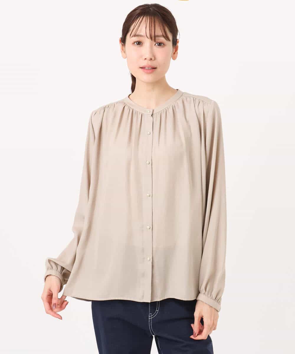 FKBGD35140 MK MICHEL KLEIN(MK ミッシェルクラン) [瞬美シリーズ/UVカット/接触冷感/洗える]バンドカラーサテンブラウス ベージュ