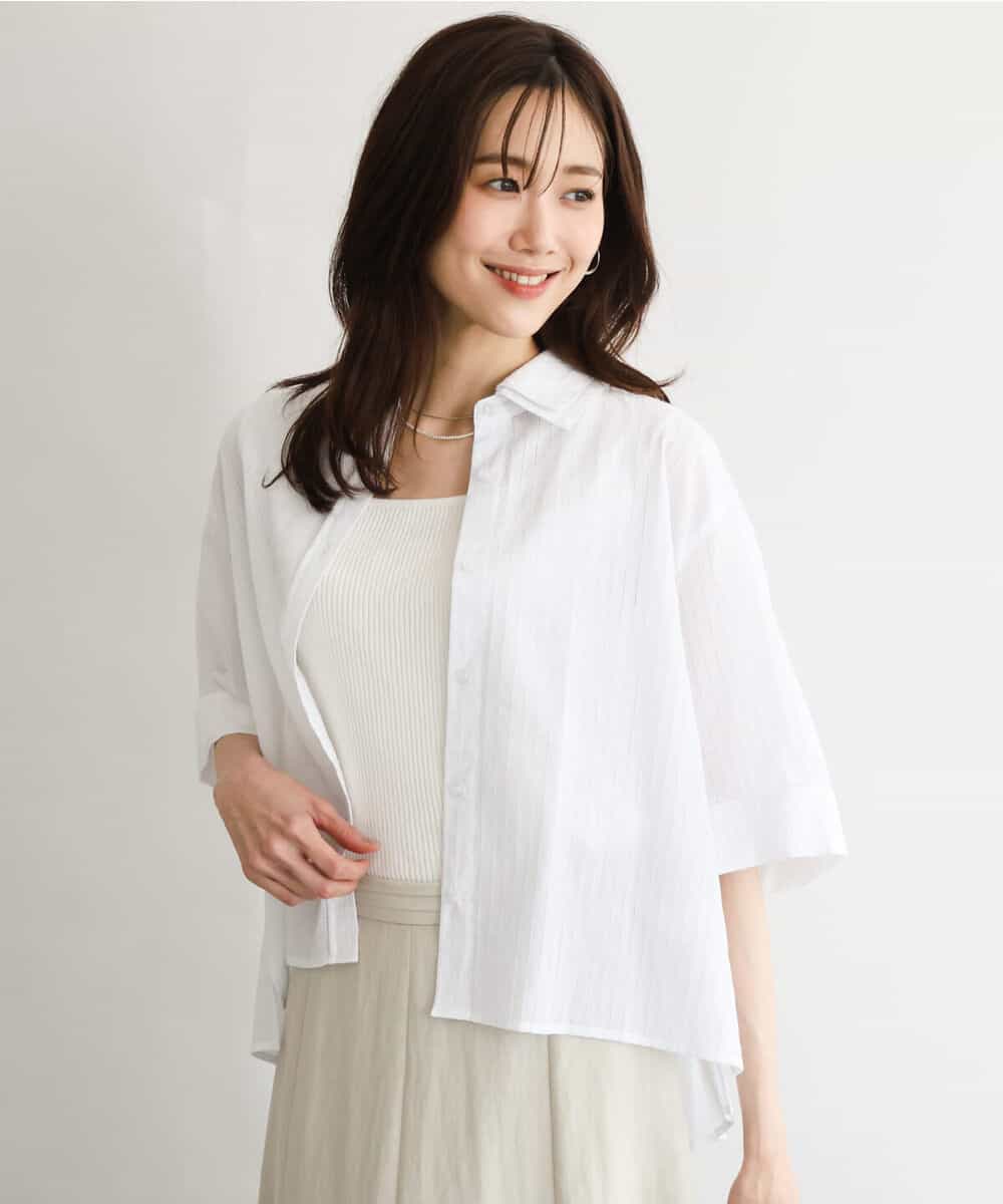 FKBGD50160 MK MICHEL KLEIN(MK ミッシェルクラン) [洗える]ストライプレース五分袖シャツブラウス ブルー