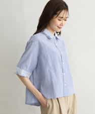 FKBGD50160 MK MICHEL KLEIN(MK ミッシェルクラン) [洗える]ストライプレース五分袖シャツブラウス ブルー