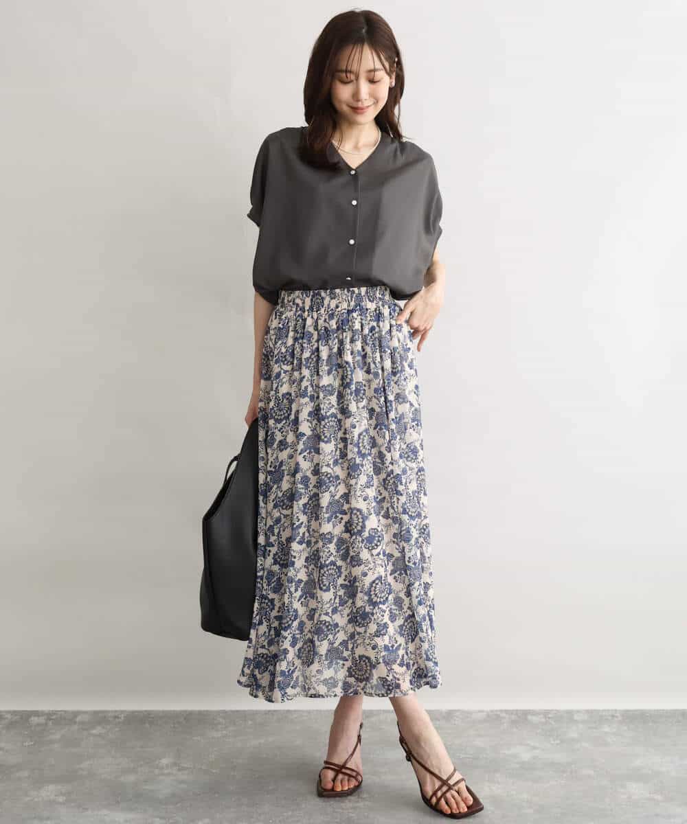 FKBGD58140 MK MICHEL KLEIN(MK ミッシェルクラン) [瞬美シリーズ/洗える]Vネックタックスリーブブラウス ダークグレー