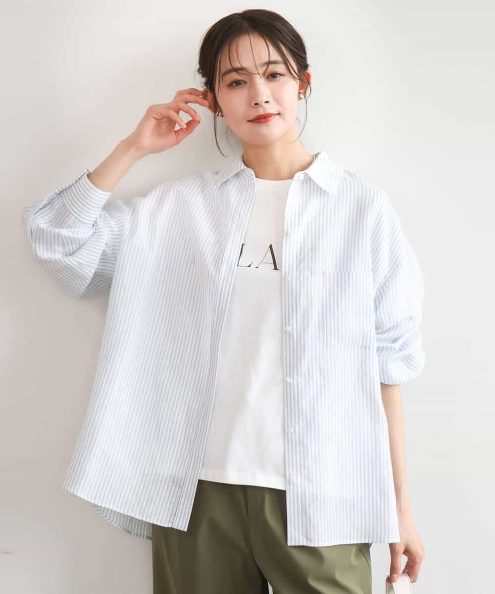 FKBGE47150 MK MICHEL KLEIN(MK ミッシェルクラン) [接触冷感/洗える]リネン混ストライプシャツブラウス ホワイト×ライトブルー