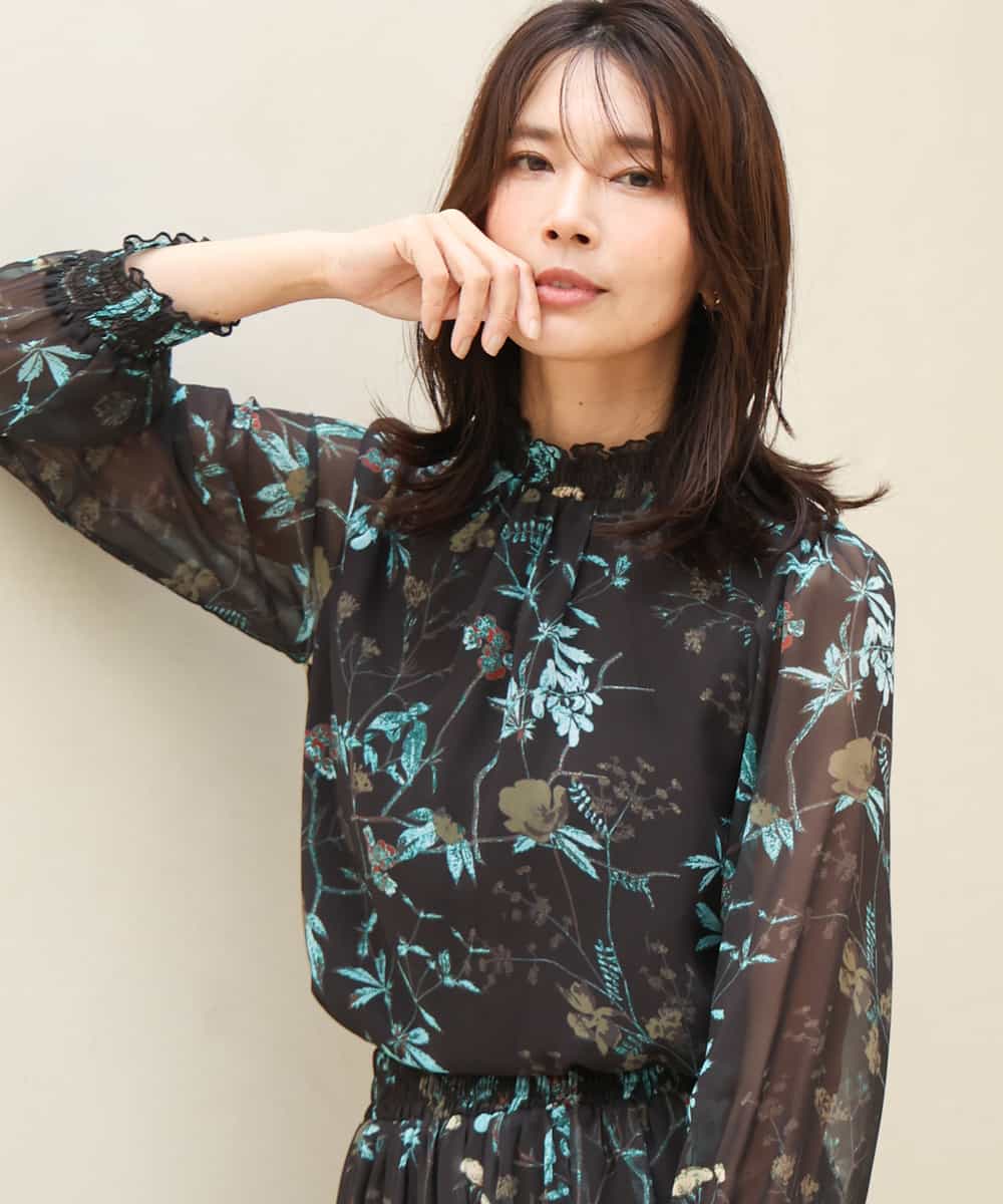 FKBJD37140 MK MICHEL KLEIN(MK ミッシェルクラン) [洗える]水彩花柄シフォンブラウス ダークブラウン