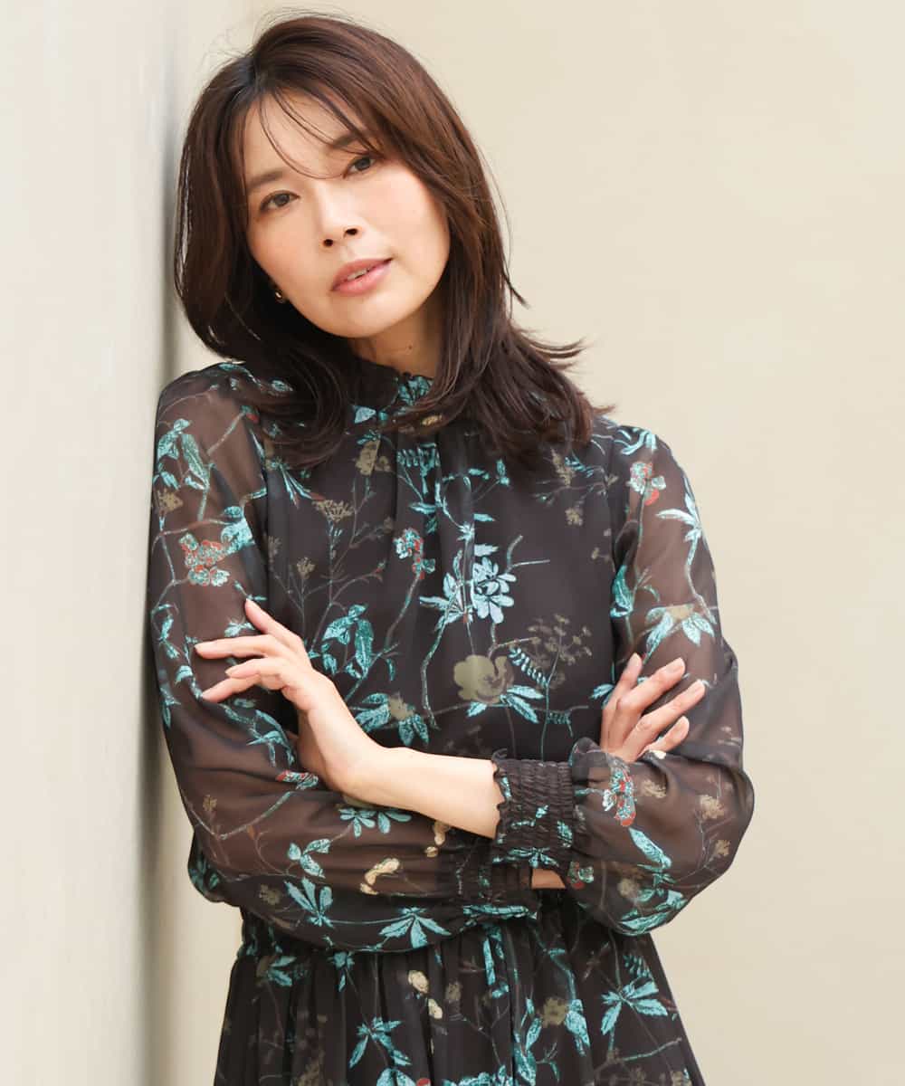 FKBJD37140 MK MICHEL KLEIN(MK ミッシェルクラン) [洗える]水彩花柄シフォンブラウス ダークブラウン