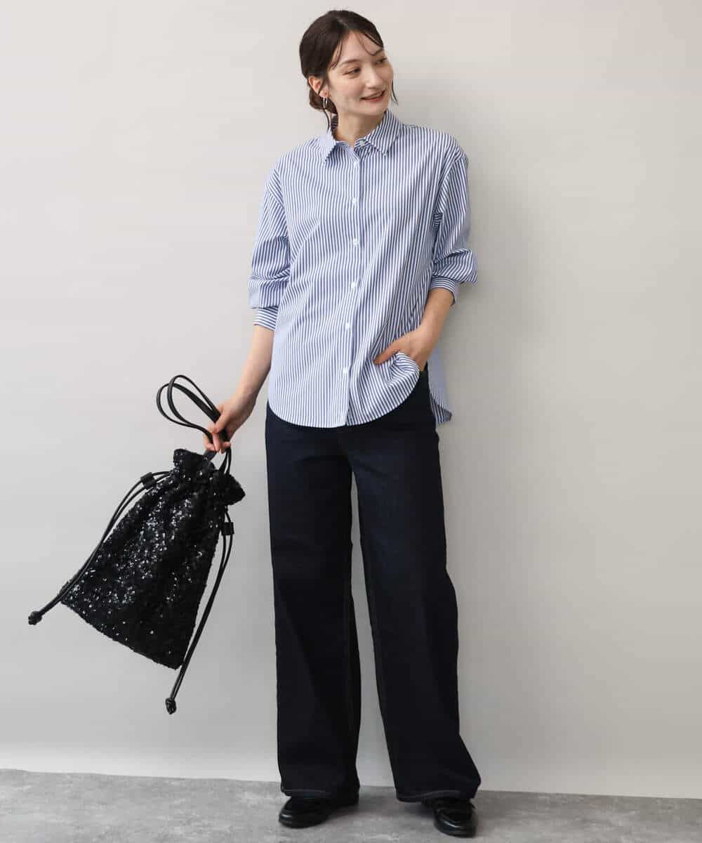 FKBJE27140 MK MICHEL KLEIN(MK ミッシェルクラン) [防シワ/洗える]コットン混ベーシックシャツ（ストライプ） ブルー