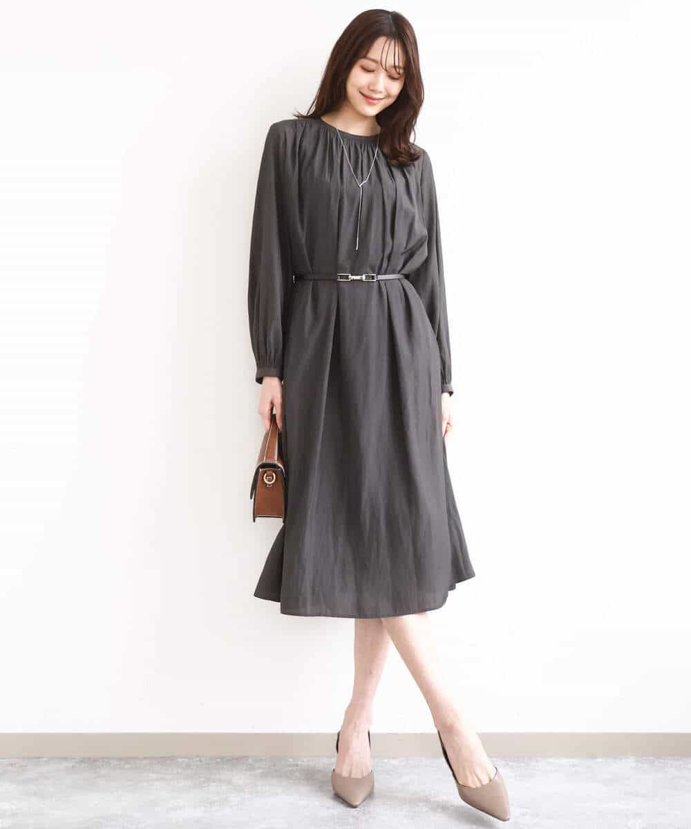 FKEGD26210 MK MICHEL KLEIN(MK ミッシェルクラン) [洗える]サテンギャザーワンピース ダークグレー