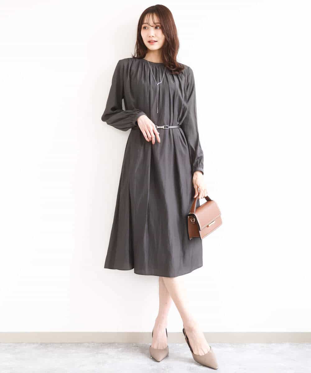 FKEGD26210 MK MICHEL KLEIN(MK ミッシェルクラン) [洗える]サテンギャザーワンピース ダークグレー