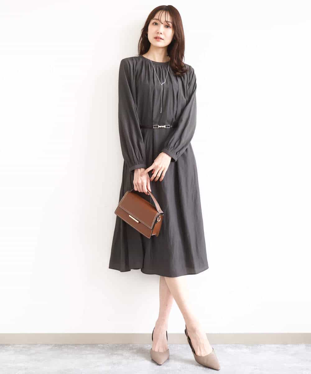 FKEGD26210 MK MICHEL KLEIN(MK ミッシェルクラン) [洗える]サテンギャザーワンピース ダークグレー