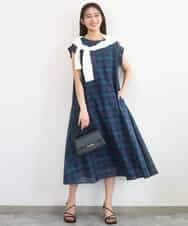 FKEGD46230 MK MICHEL KLEIN(MK ミッシェルクラン) [洗える]オーガンジーチェック柄フレアシルエットワンピース ネイビー