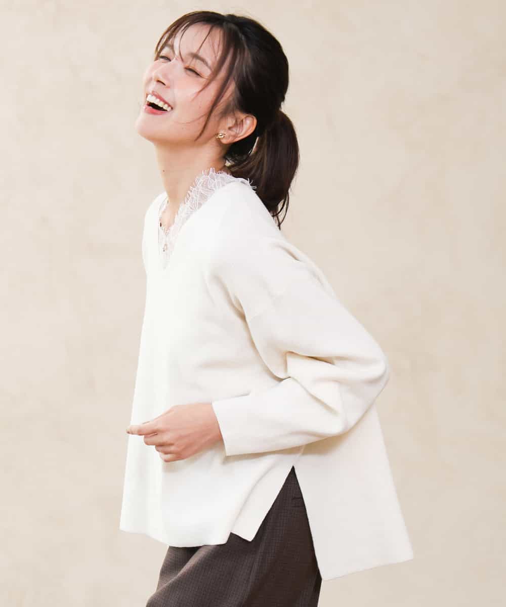 FKFAH51160 MK MICHEL KLEIN(MK ミッシェルクラン) [洗える]レースデザインVネックニット アイボリー