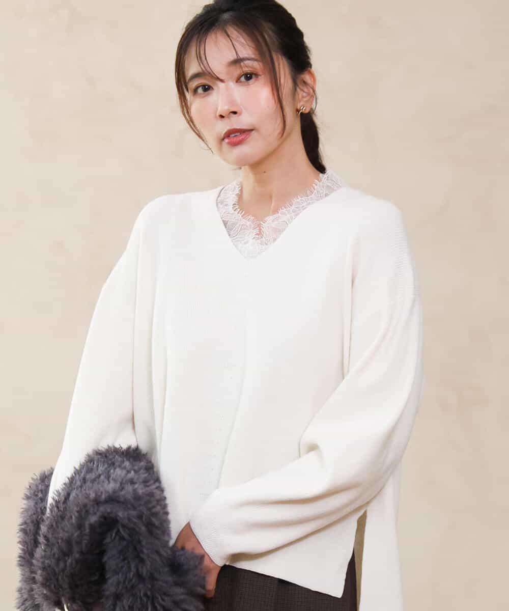 FKFAH51160 MK MICHEL KLEIN(MK ミッシェルクラン) [洗える]レースデザインVネックニット アイボリー