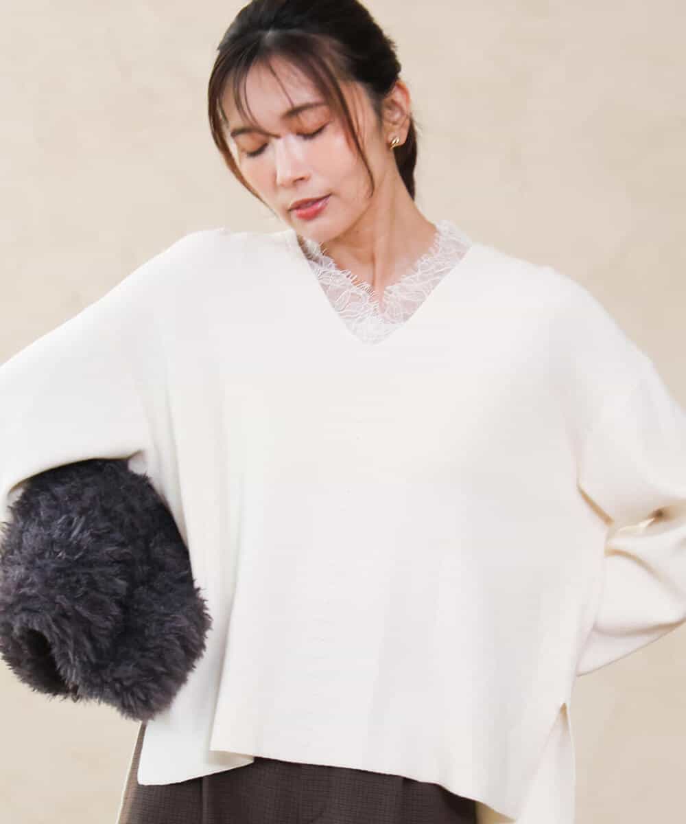FKFAH51160 MK MICHEL KLEIN(MK ミッシェルクラン) [洗える]レースデザインVネックニット アイボリー