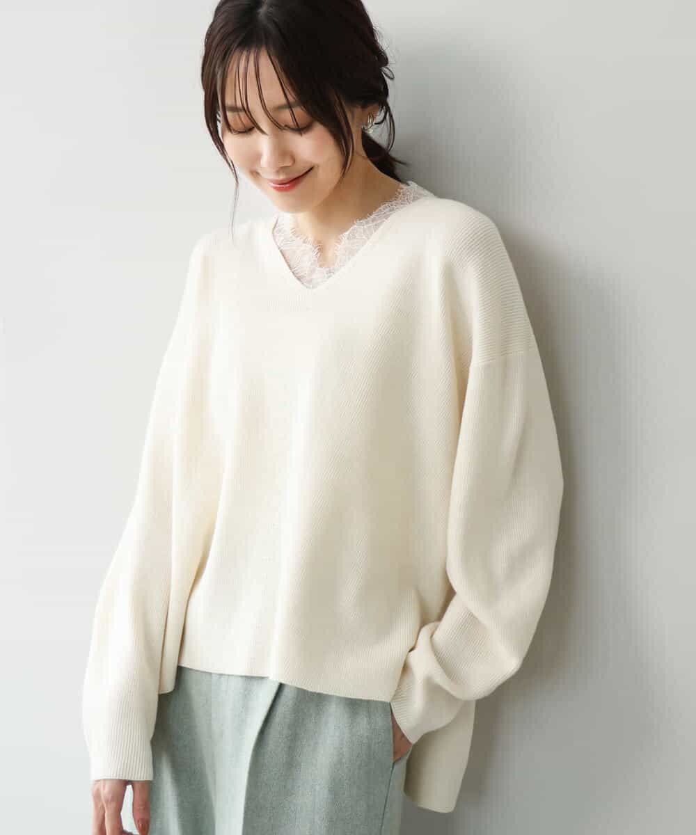 FKFAH51160 MK MICHEL KLEIN(MK ミッシェルクラン) [洗える]レースデザインVネックニット アイボリー