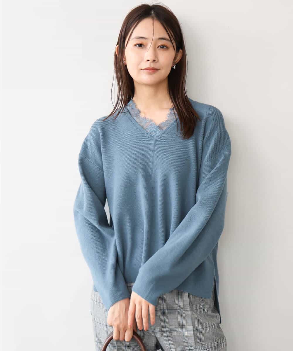 FKFAH51160 MK MICHEL KLEIN(MK ミッシェルクラン) [洗える]レースデザインVネックニット アイボリー