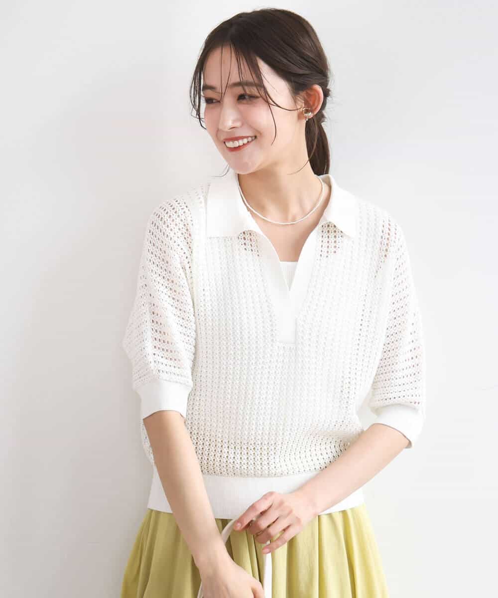 FKFGD42150 MK MICHEL KLEIN(MK ミッシェルクラン) [洗える]レーシー柄編み衿付きニット グリーン