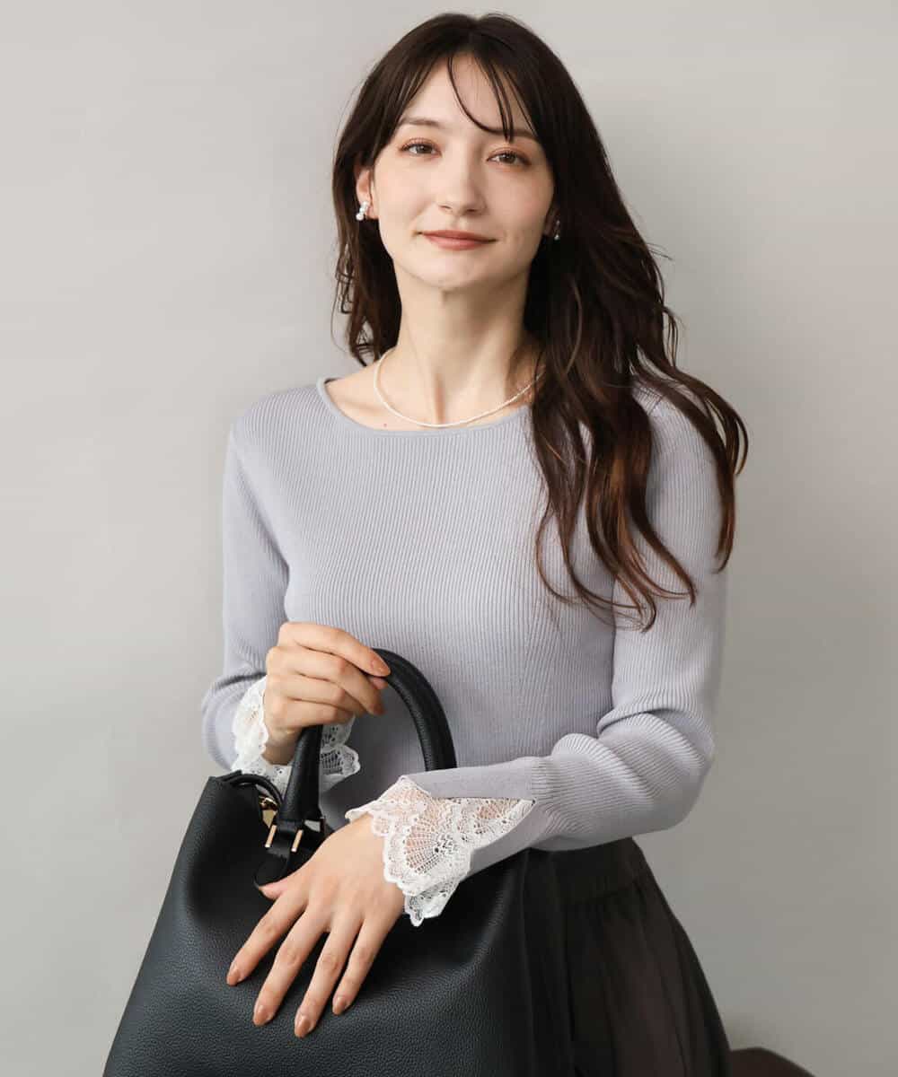 FKFJD31130 MK MICHEL KLEIN(MK ミッシェルクラン) [洗える]袖レースデザインリブニット グレー