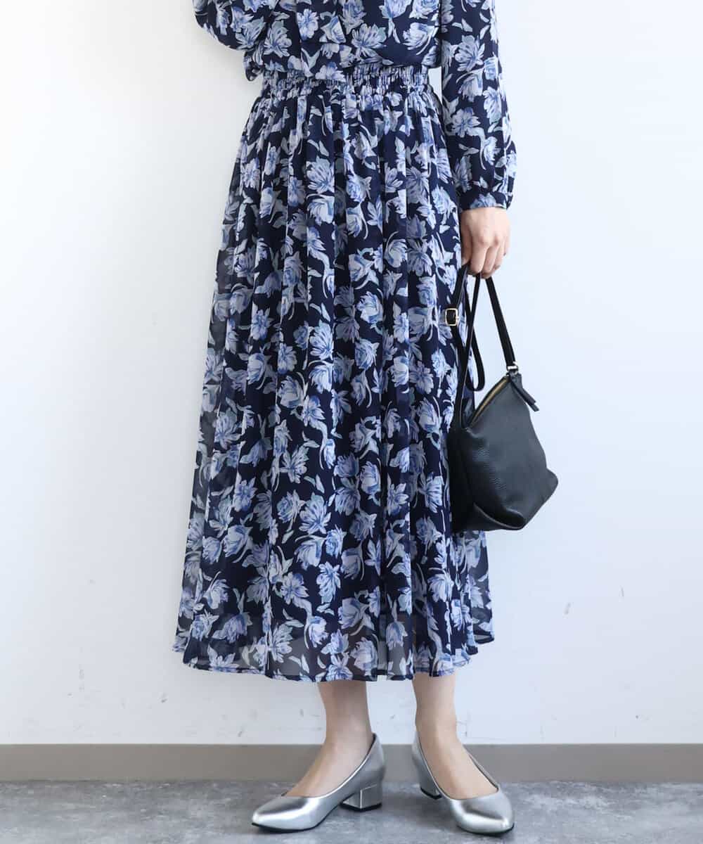 FKHGD01140 MK MICHEL KLEIN(MK ミッシェルクラン) [洗える]花柄シフォンスカート ネイビー