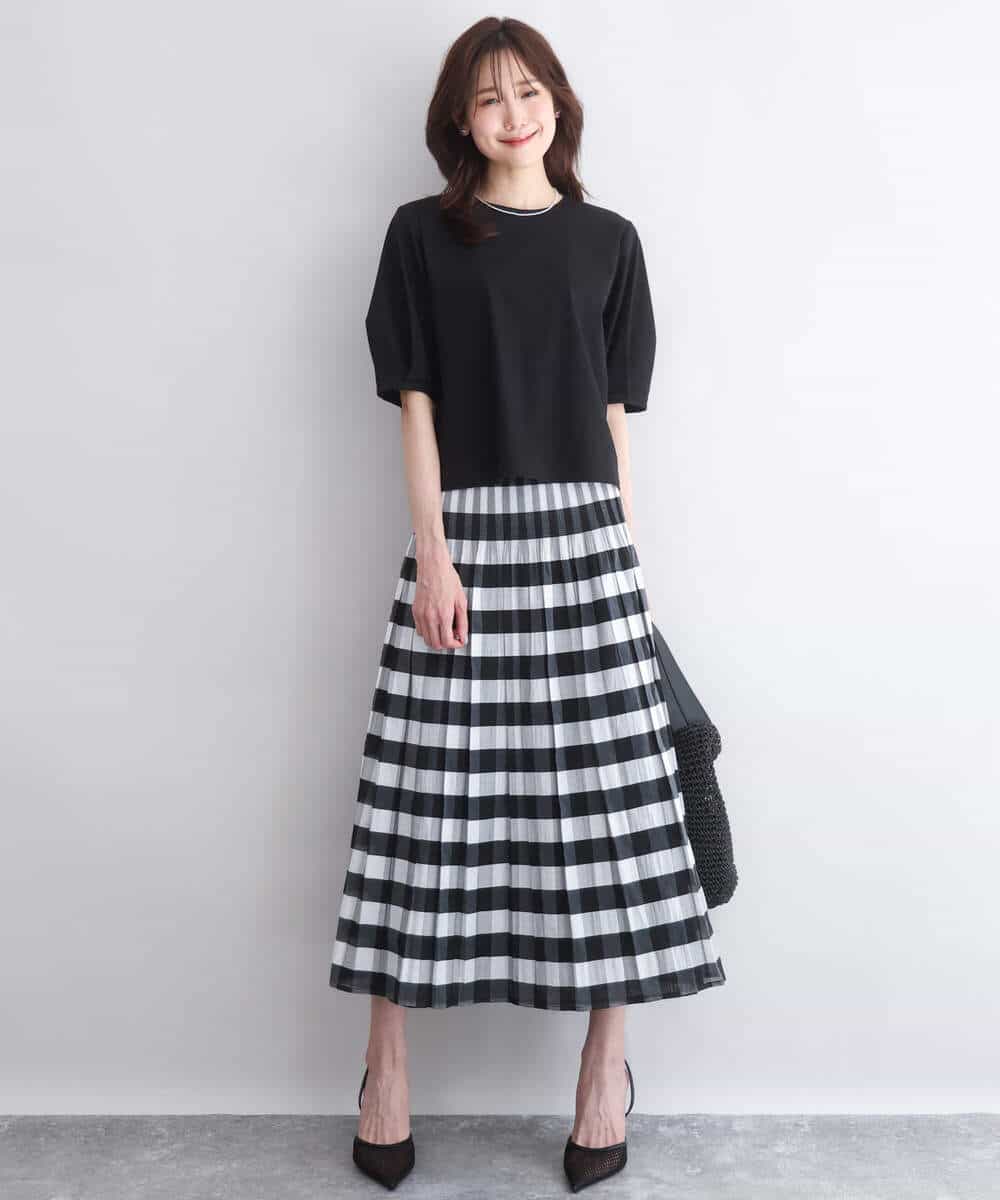 FKHGD52140 MK MICHEL KLEIN(MK ミッシェルクラン) [洗える]シアーチェックストライプ柄リバーシブルスカート ベージュ×ライトグレー