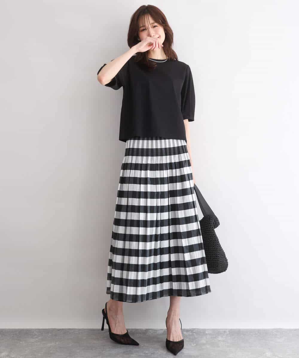FKHGD52140 MK MICHEL KLEIN(MK ミッシェルクラン) [洗える]シアーチェックストライプ柄リバーシブルスカート ベージュ×ライトグレー