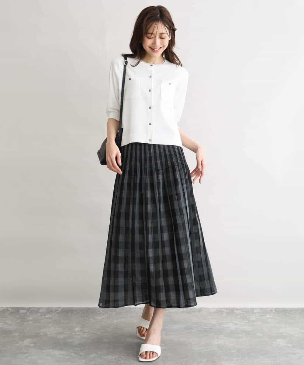 FKHGD52140 MK MICHEL KLEIN(MK ミッシェルクラン) [洗える]シアーチェックストライプ柄リバーシブルスカート ベージュ×ライトグレー