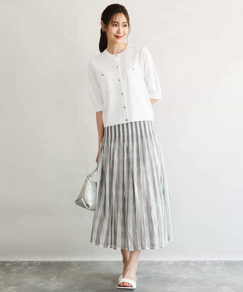 FKHGD52140 MK MICHEL KLEIN(MK ミッシェルクラン) [洗える]シアーチェックストライプ柄リバーシブルスカート ベージュ×ライトグレー