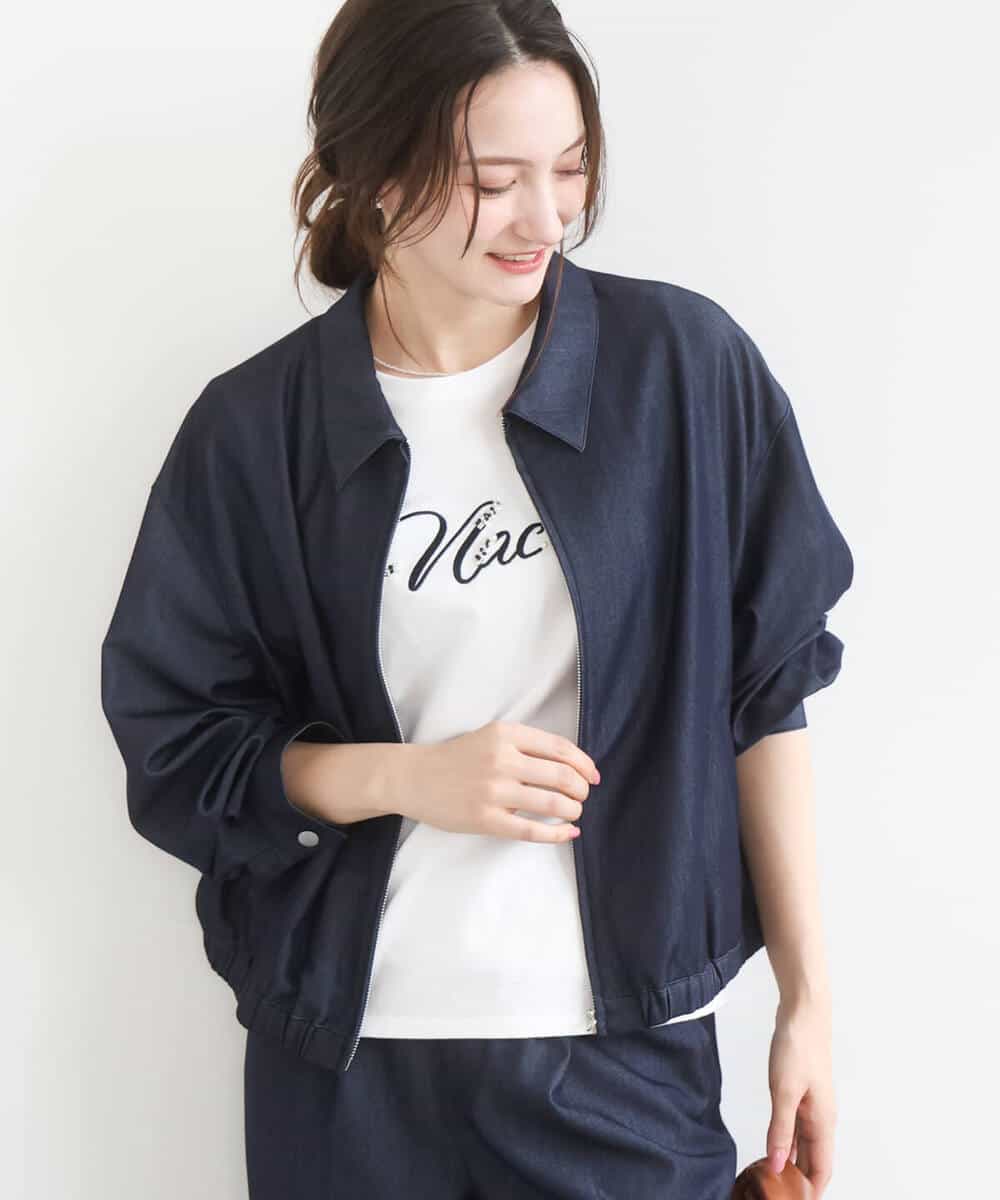 FKJGD36210 MK MICHEL KLEIN(MK ミッシェルクラン) [SANAGARAシリーズ/UVカット/接触冷感/洗える]デニムライク 衿付きジップアップブルゾン ネイビー