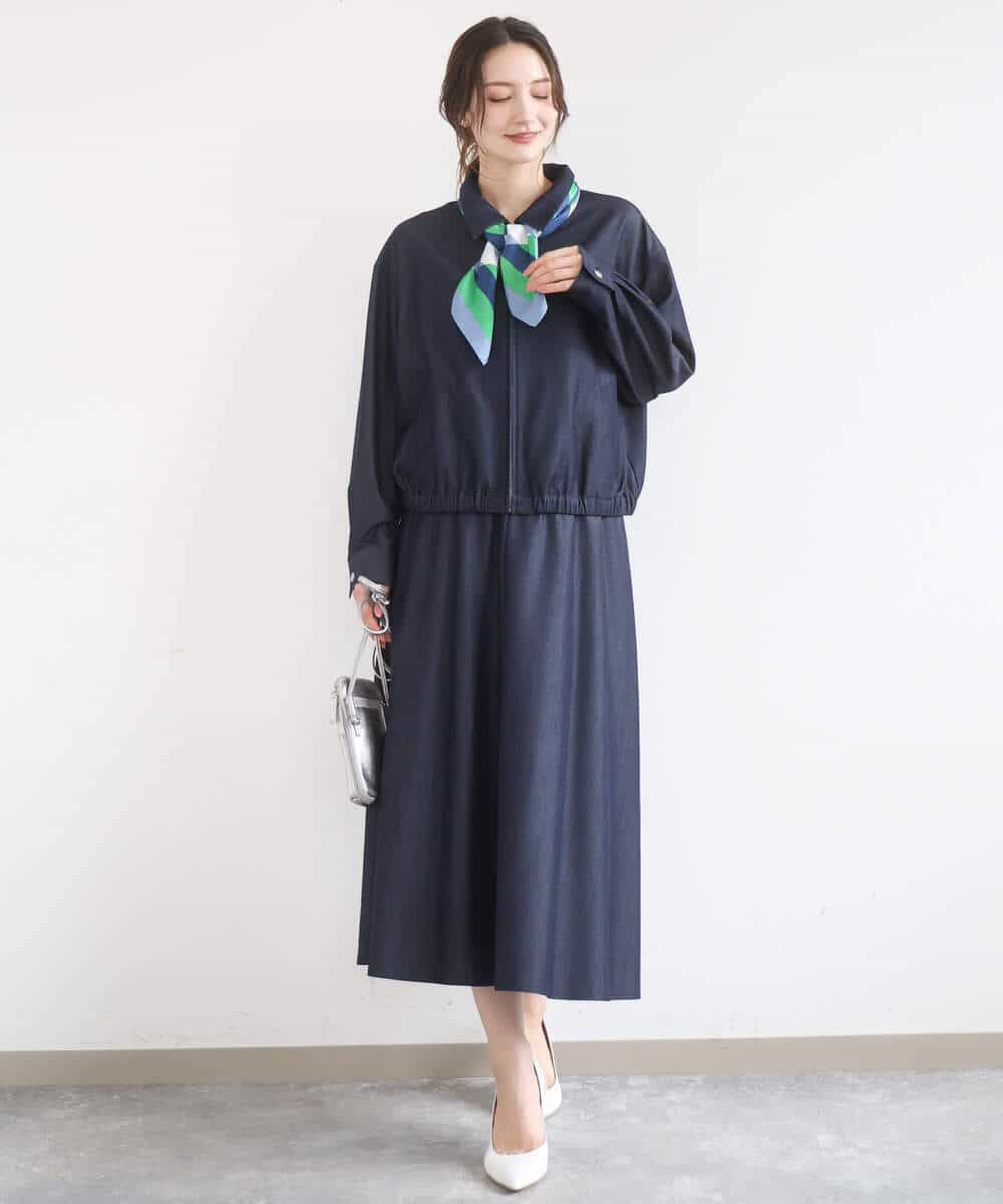 FKJGD36210 MK MICHEL KLEIN(MK ミッシェルクラン) [SANAGARAシリーズ/UVカット/接触冷感/洗える]デニムライク 衿付きジップアップブルゾン ネイビー