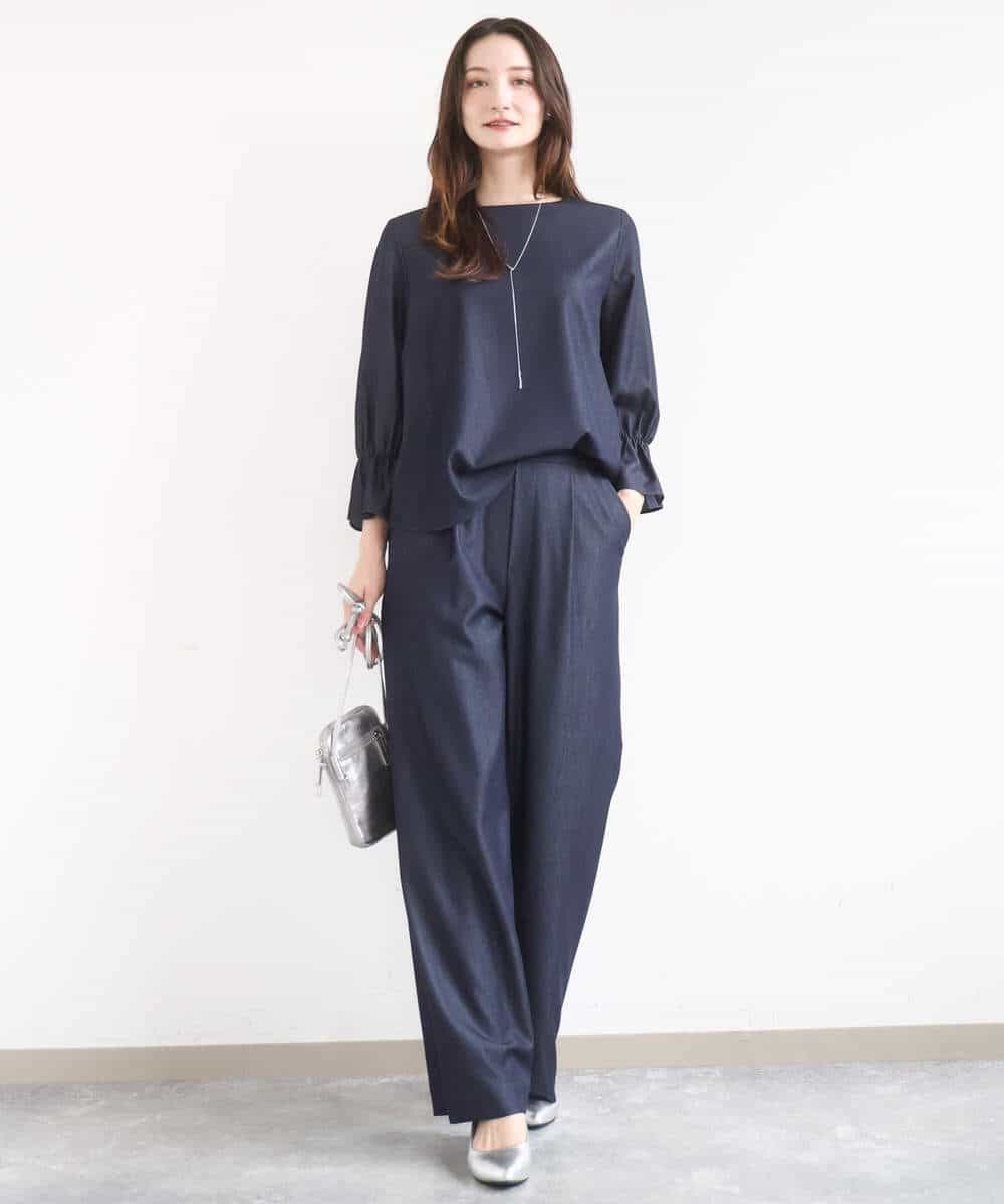 FKLGD30160 MK MICHEL KLEIN(MK ミッシェルクラン) [SANAGARAシリーズ/UVカット/接触冷感/洗える]デニムライク ワイドパンツ ネイビー
