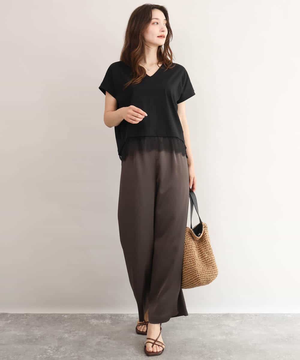 FKLJD71150 MK MICHEL KLEIN(MK ミッシェルクラン) [接触冷感/洗える]リラクシーサテンワイドパンツ ブラウン
