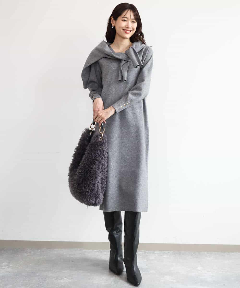 FKPAG43200 MK MICHEL KLEIN(MK ミッシェルクラン) [洗える]Vネックニットワンピース グレー