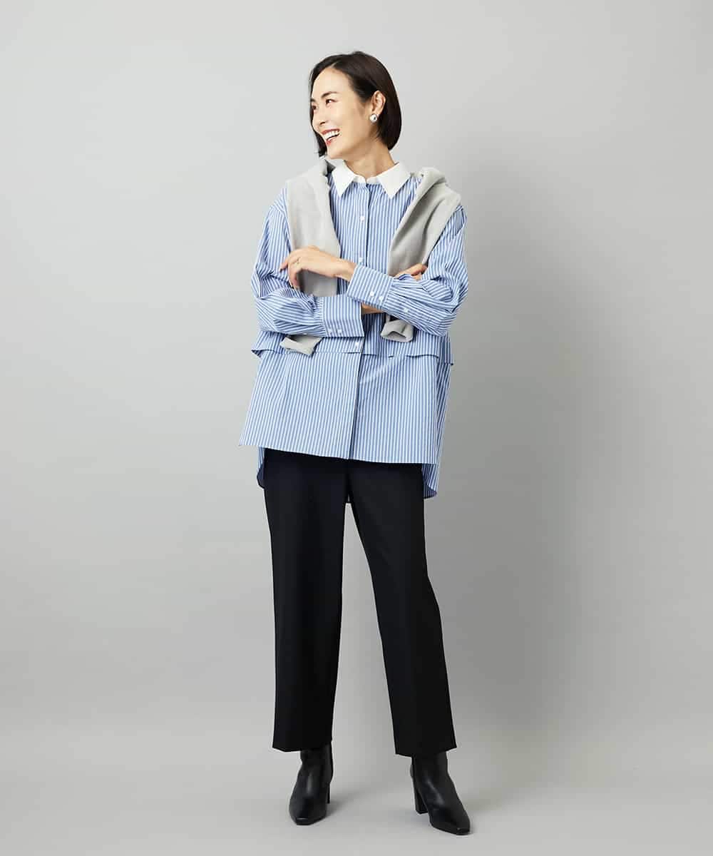 FMBAD19270 MICHEL KLEIN(ミッシェルクラン) [2WAY]クレリックオーバーサイズストライプシャツ ブルー