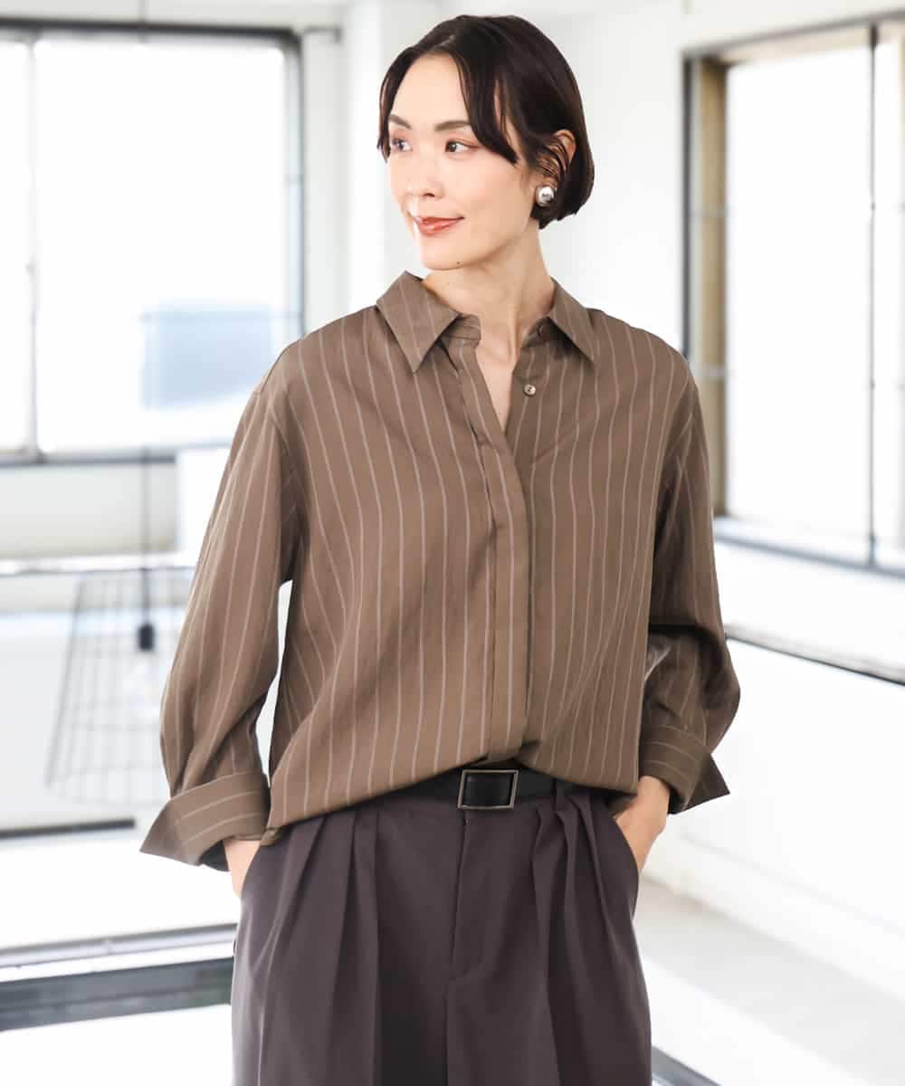 FMBAG01250 MICHEL KLEIN(ミッシェルクラン) ヴィンテージライクストライプシャツ オリーブブラウン