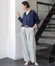 FMBGE10360 MICHEL KLEIN(ミッシェルクラン) [セットアップ対応]ライトワッフルリボンスキッパーブラウス ネイビー