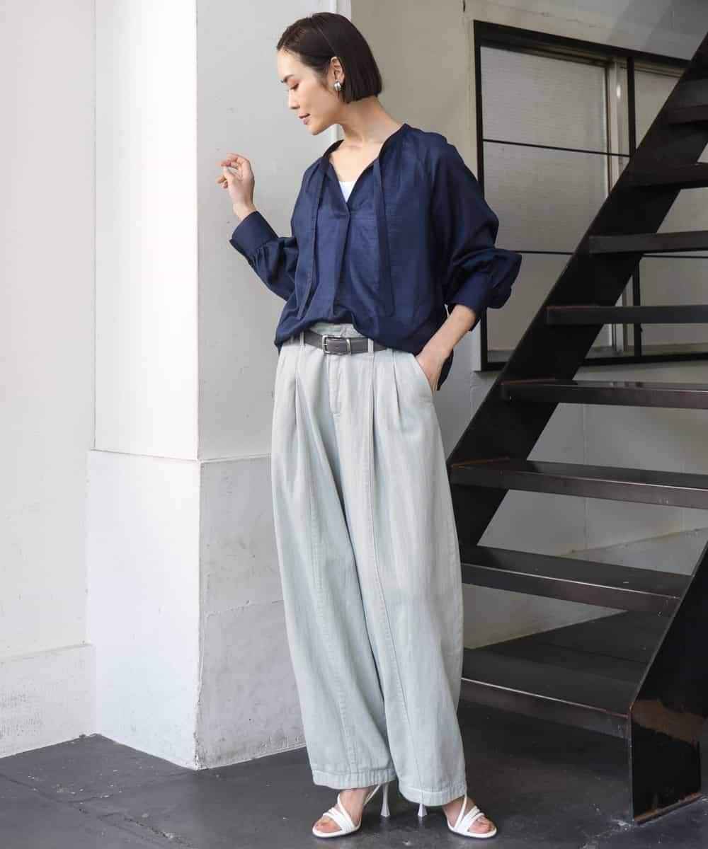 FMBGE10360 MICHEL KLEIN(ミッシェルクラン) [セットアップ対応]ライトワッフルリボンスキッパーブラウス ネイビー