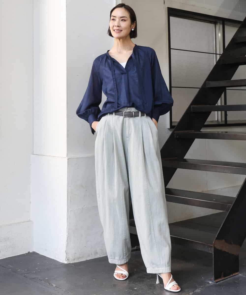 FMBGE10360 MICHEL KLEIN(ミッシェルクラン) [セットアップ対応]ライトワッフルリボンスキッパーブラウス ネイビー