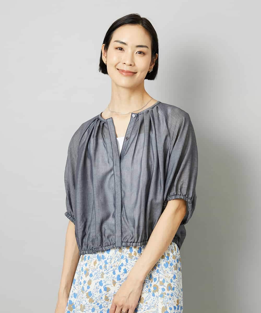 FMBHD05240 MICHEL KLEIN(ミッシェルクラン) [セットアップ対応]デニムライク ギャザーブラウス ネイビー