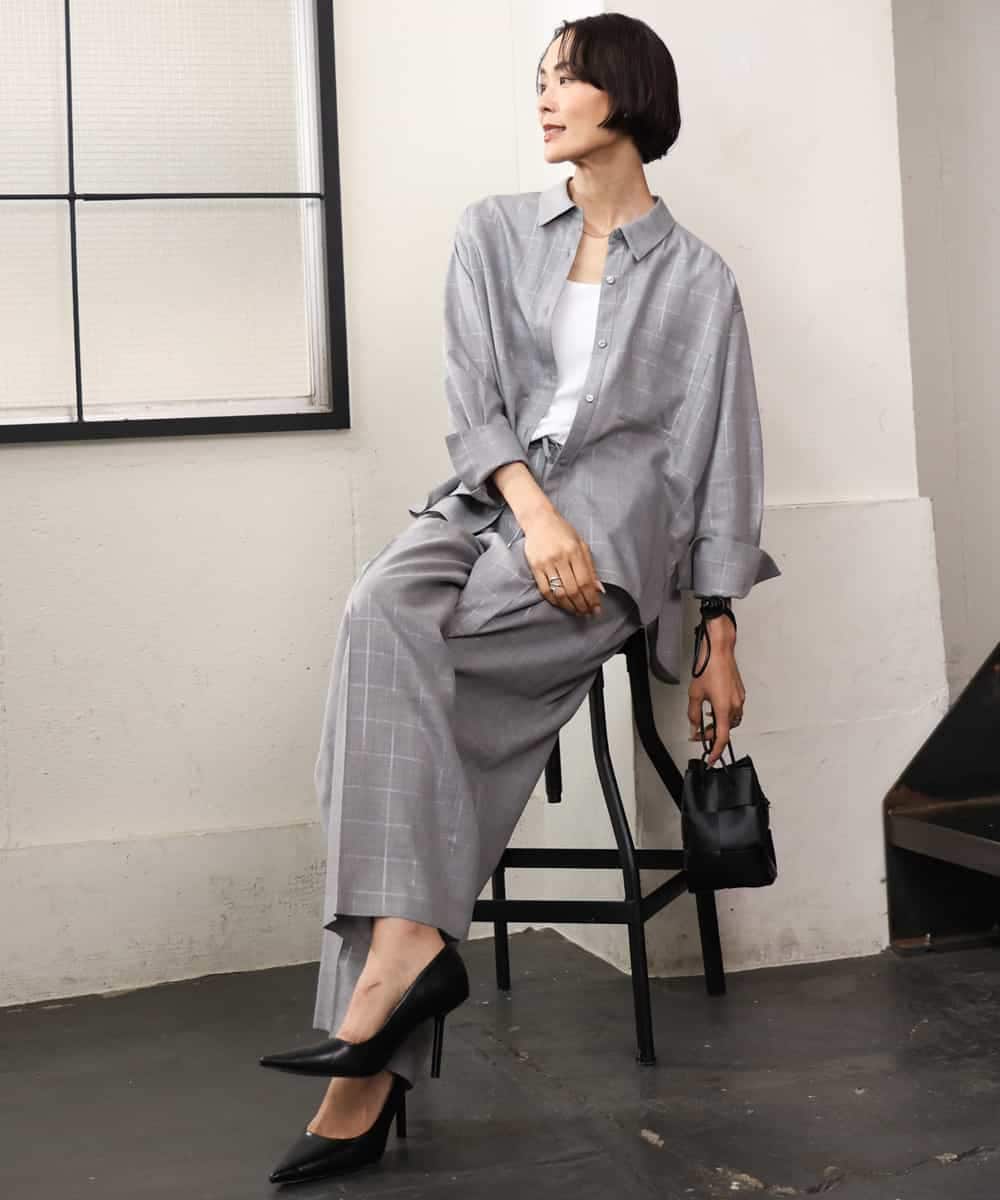 FMBJD01280 MICHEL KLEIN(ミッシェルクラン) [セットアップ対応]ラメチェックオーバーシャツ ベージュ