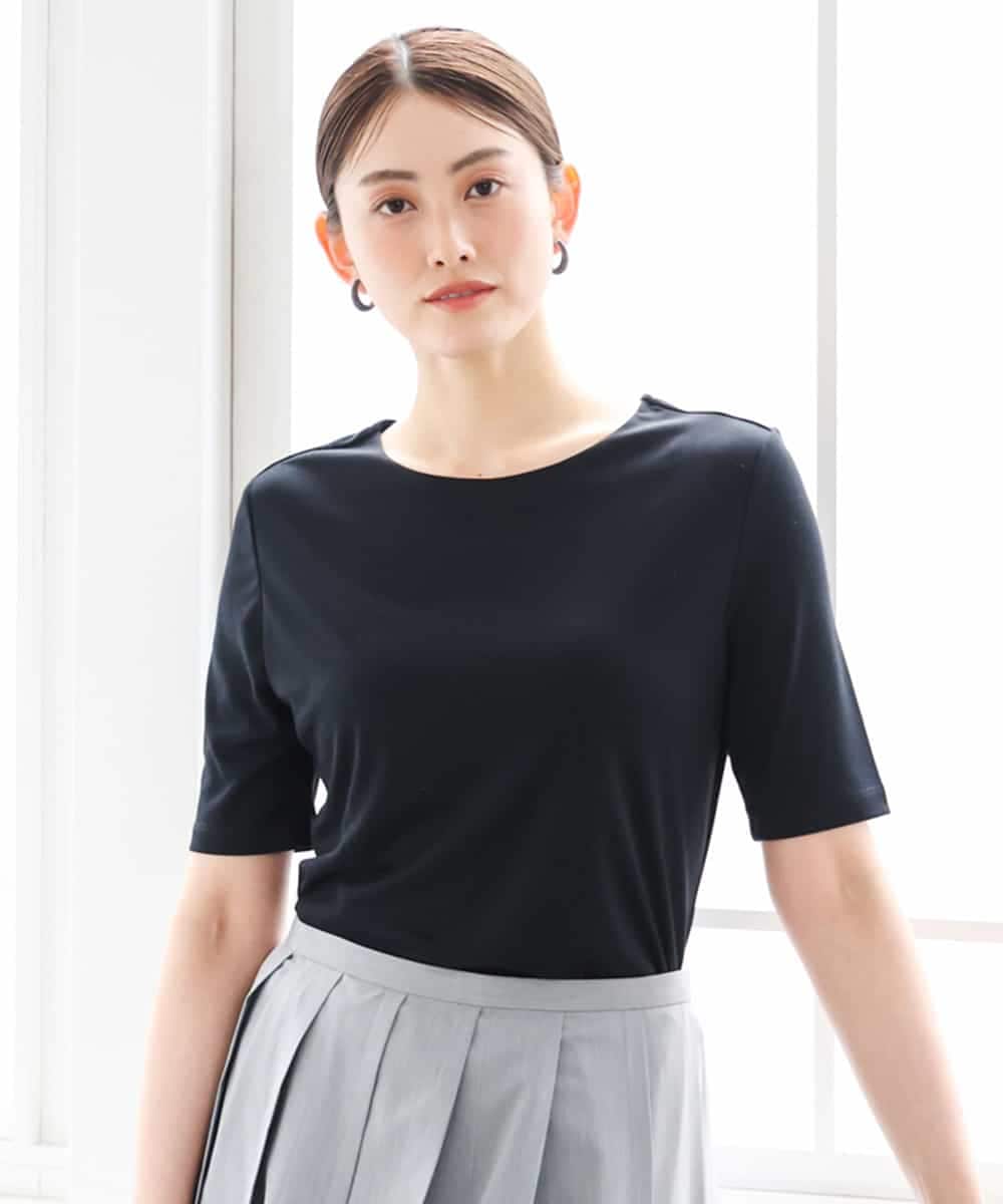 FMKGD20150 MICHEL KLEIN(ミッシェルクラン) [遮熱効果素材]ステッチレス五分袖プルオーバー ブラック