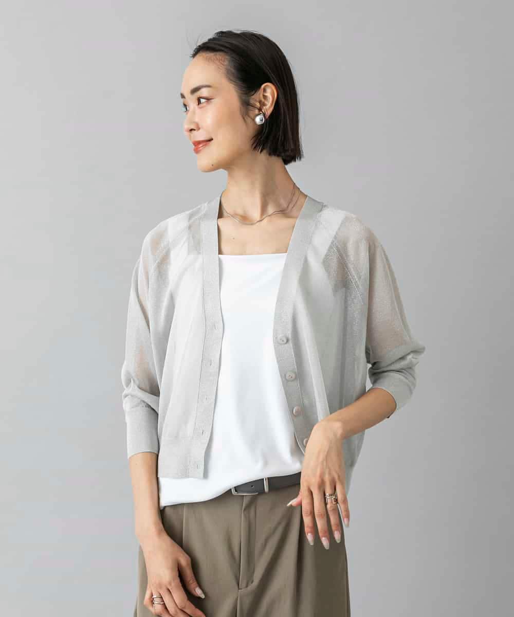 FMSHD15230 MICHEL KLEIN(ミッシェルクラン) [ドライタッチ]シアーラメVネックカーディガン ライトグレー