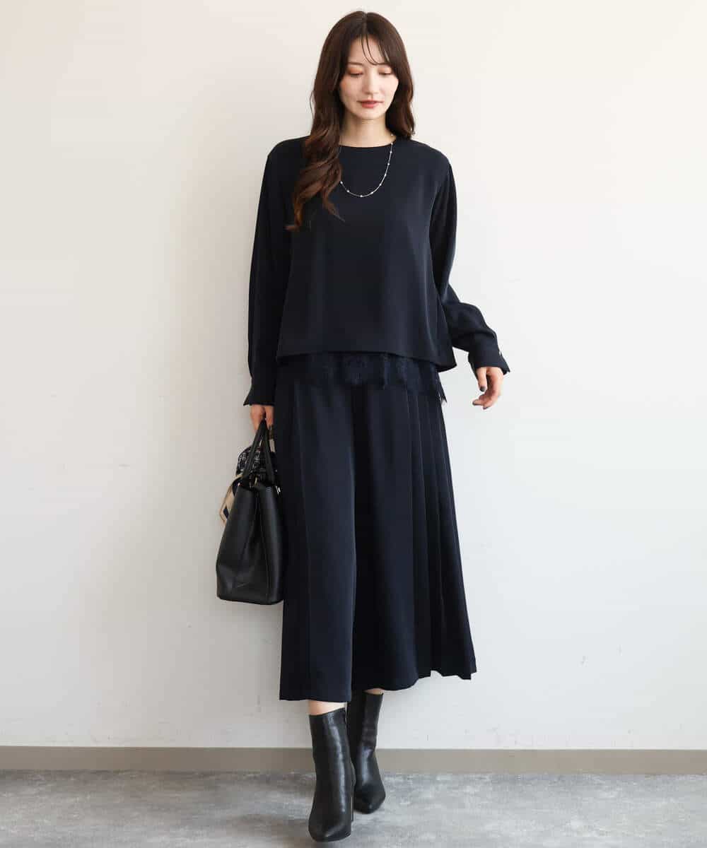 FOLAG54180 MK MICHEL KLEIN(MK ミッシェルクラン) [撥水/洗える]サイドプリーツツイルワイドパンツ ネイビー