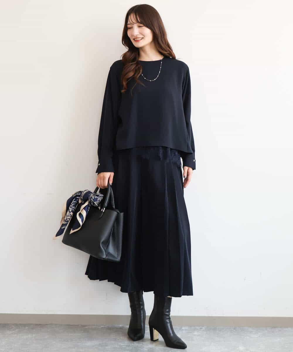 FOLAG54180 MK MICHEL KLEIN(MK ミッシェルクラン) [撥水/洗える]サイドプリーツツイルワイドパンツ ネイビー