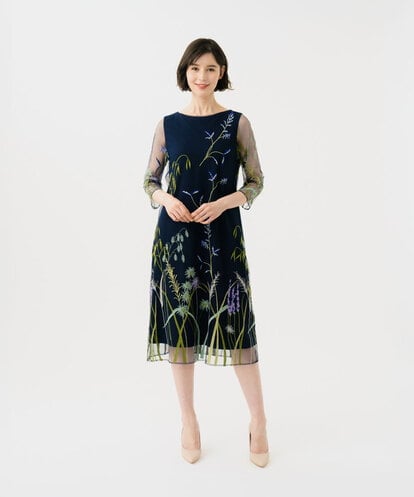 GDPGE91800 Sybilla リーフ刺繍チュールドレス(7分袖)