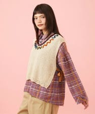 GJBJE39250 Jocomomola(ホコモモラ) Trazo チェック柄刺繍オーバーブラウス パープル