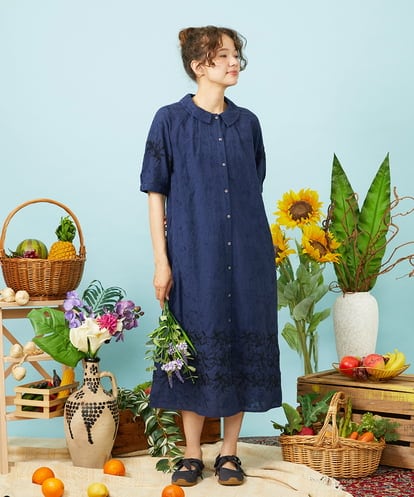 GJEHD32280 Jocomomola Sendero de flores フラワー刺繍シャツワンピース