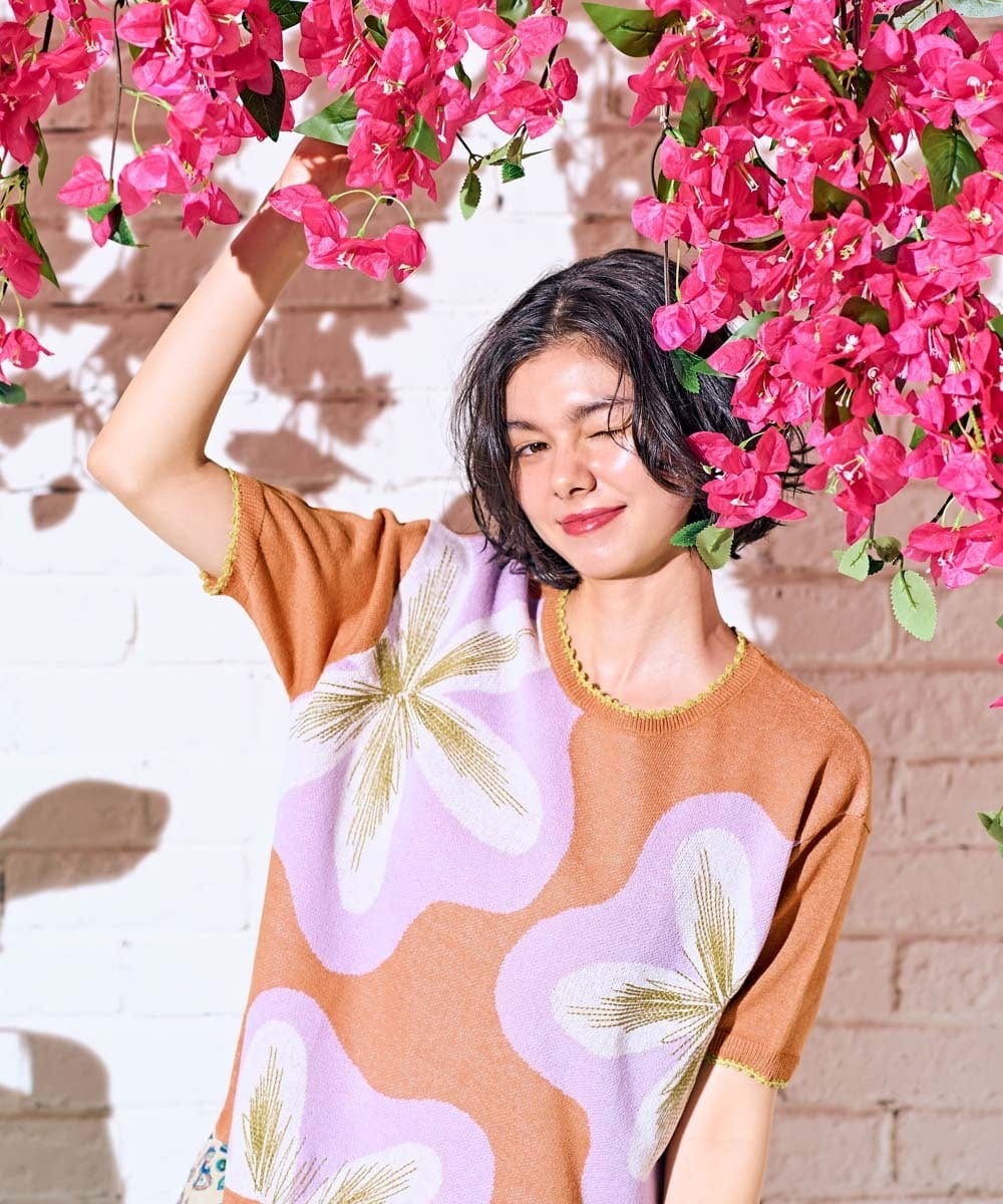 GJFHD01200 Jocomomola(ホコモモラ) Flores de verano フラワージャカードニットプルオーバー オレンジ