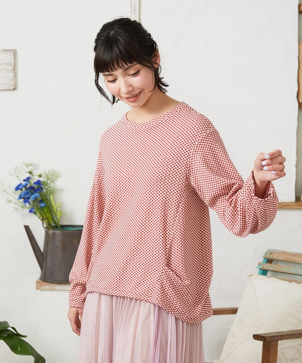 GJKFD35130 Jocomomola(ホコモモラ) ギンガムチェックカットソープルオーバー レッド