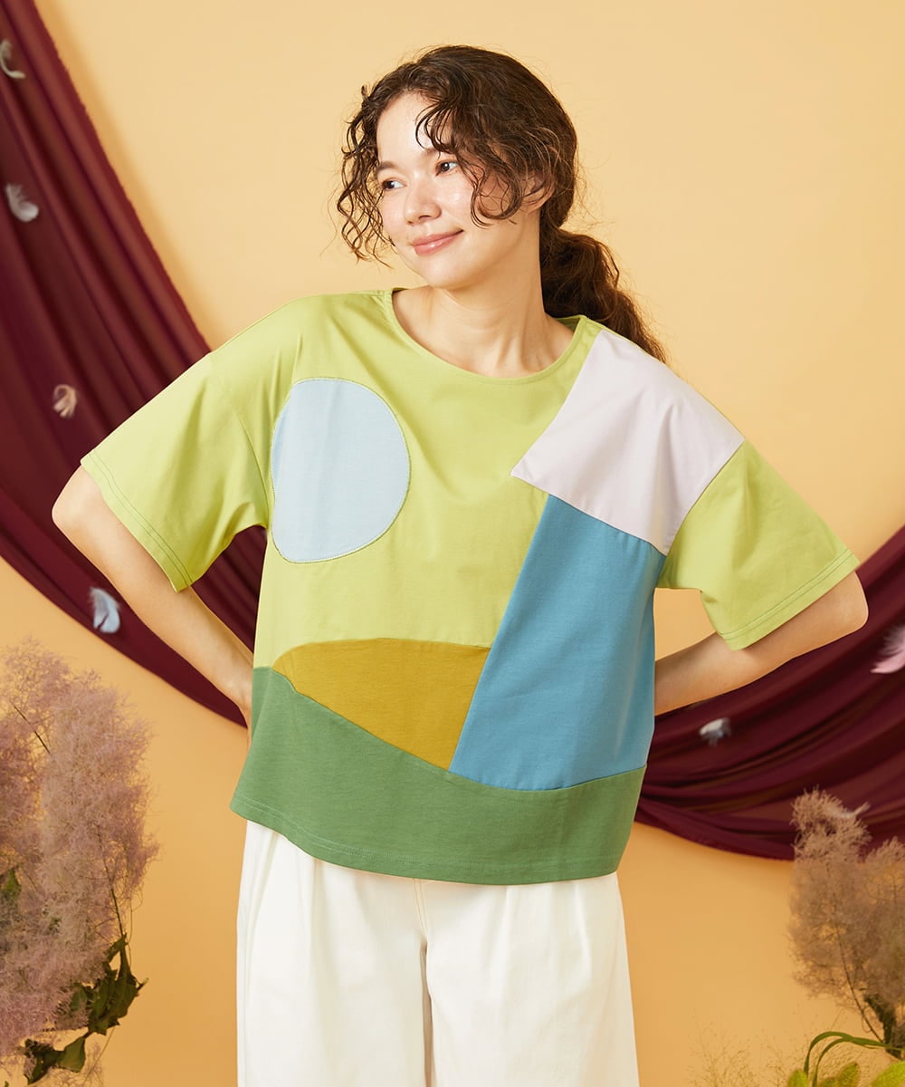 GJKGD02200 Jocomomola(ホコモモラ) 【接触冷感】T/C天竺 アップリケTシャツ グリーン
