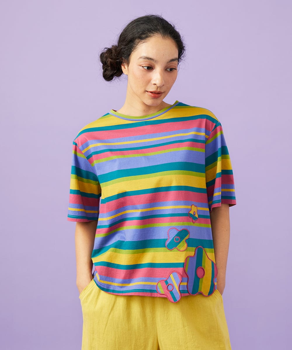GJKGD36160 Jocomomola(ホコモモラ) 【接触冷感】シルケット天竺フラワーボーダーアップリケTシャツ マルチボーダー
