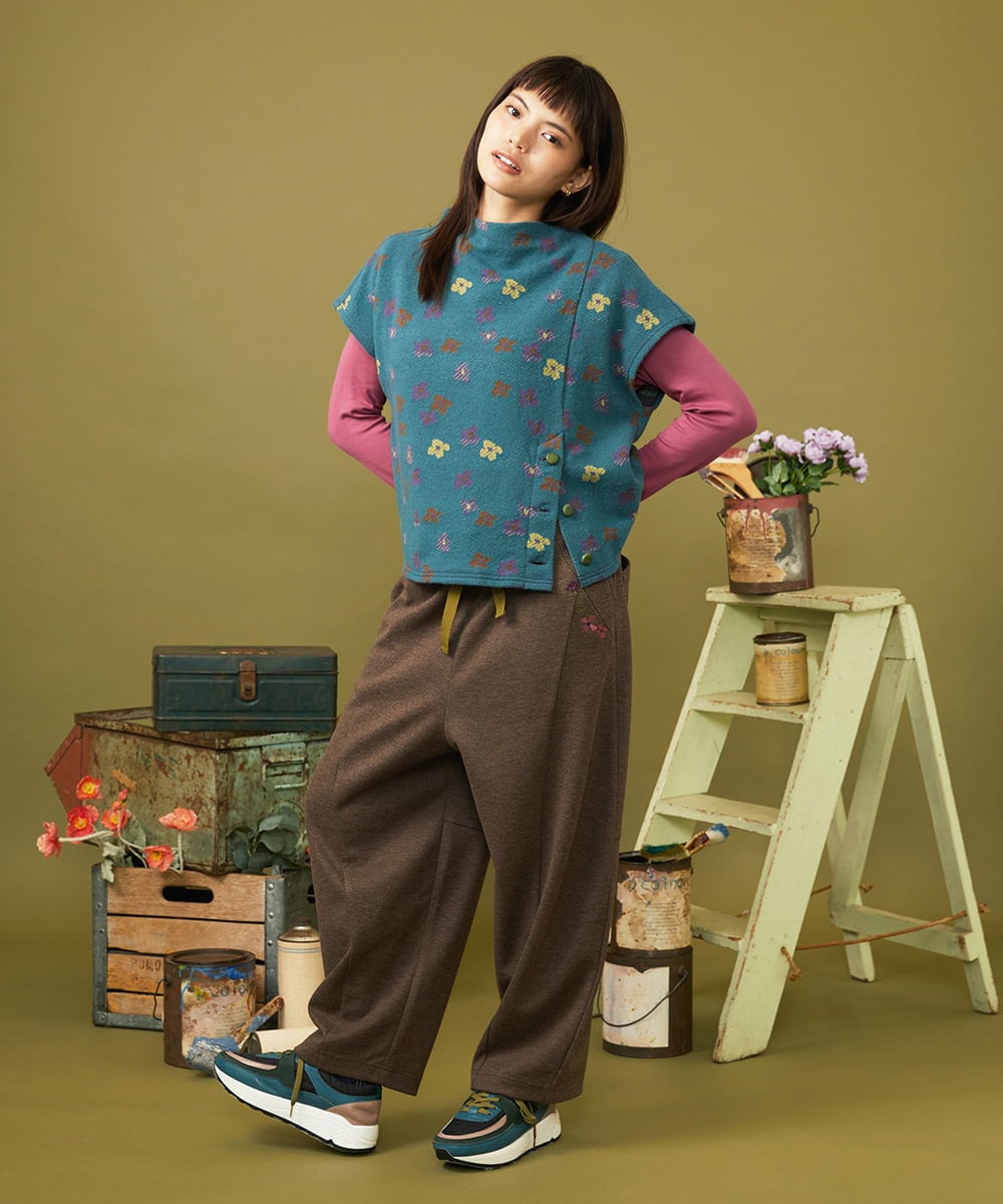 GJLAH43200 Jocomomola(ホコモモラ) 【先行予約】カットソーフラワー刺繍パンツ ブラウン